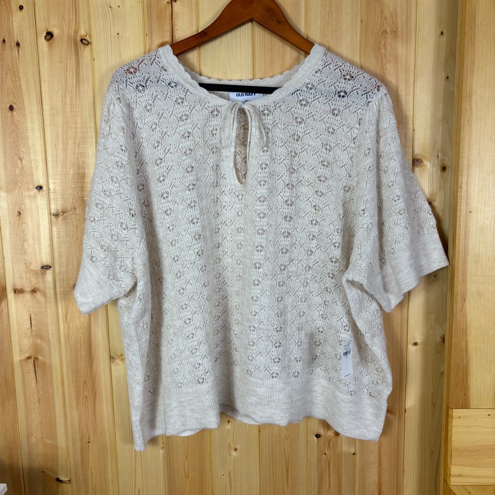 Old Navy Womens Puff Sleeve Tie Sweater Oatmeal Size 4X Dainty Holiday Open Knit